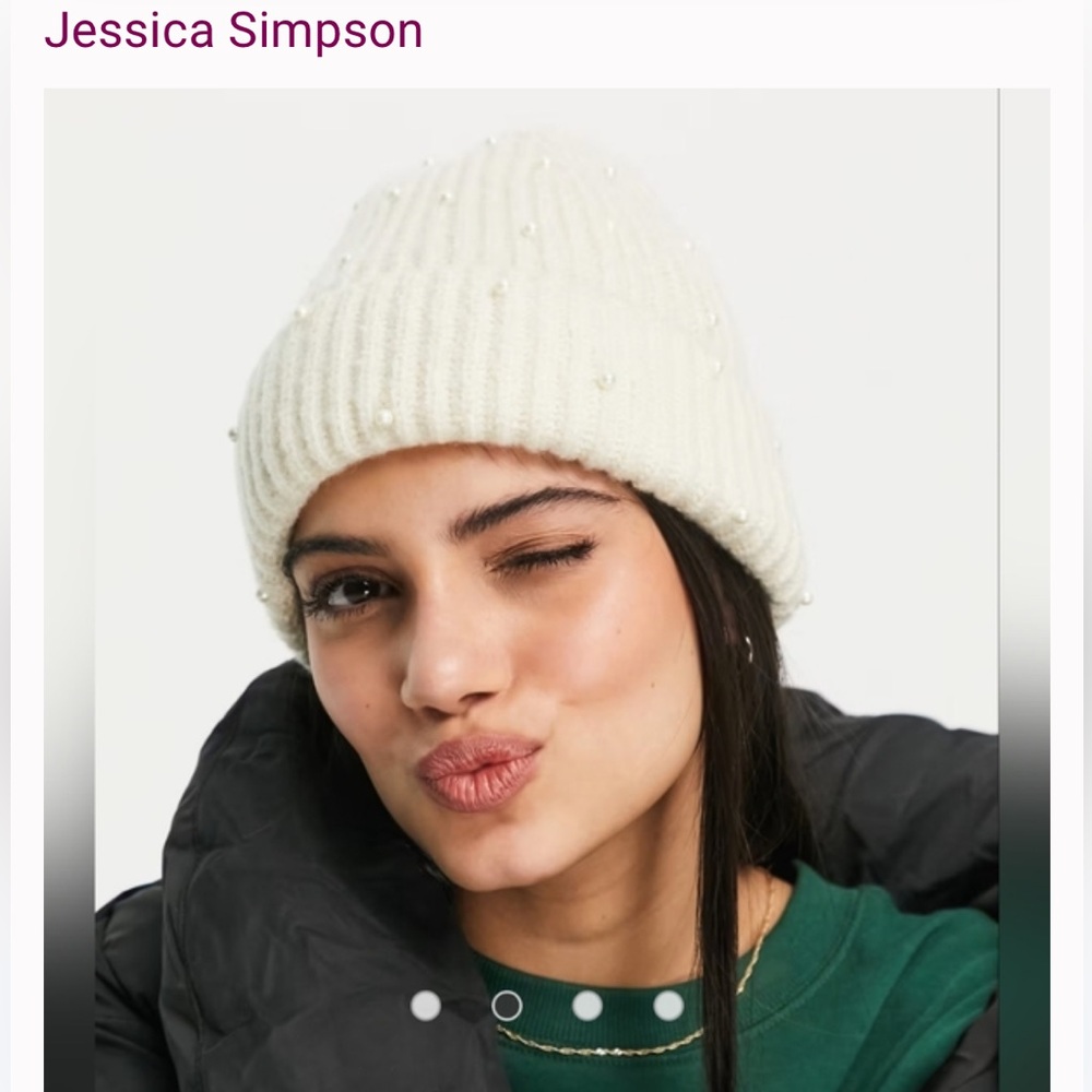 Jessica Simpson winter knit beanie hat with pearls ivory cream color